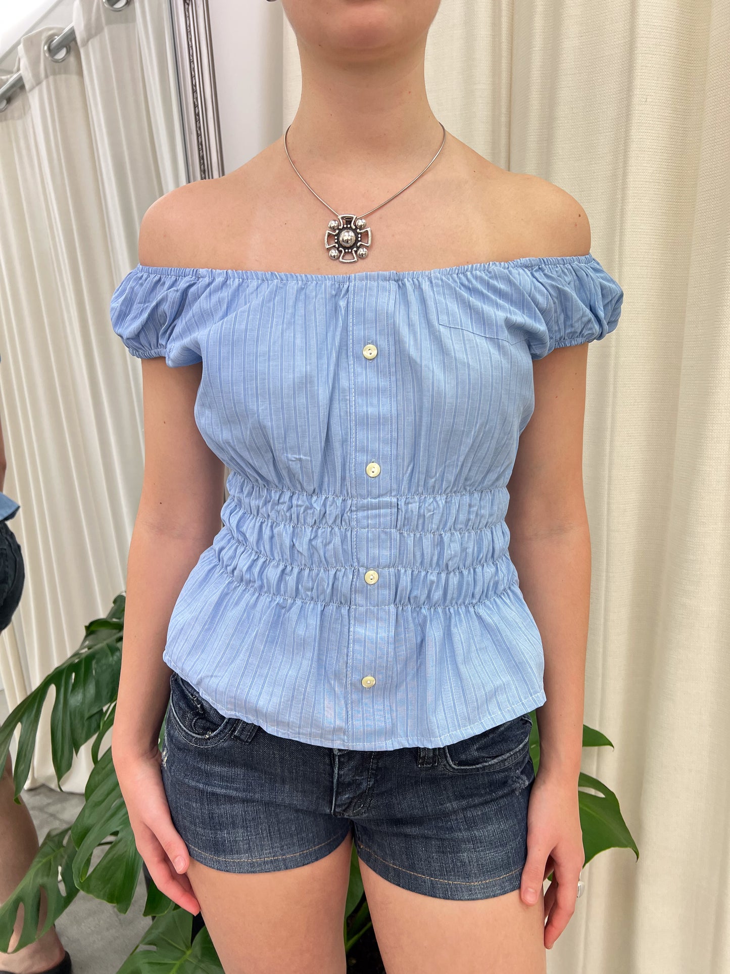 Blue Stripe Milkmaid Top
